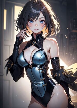 Stunning Anime Girl Artwork: Blue-Eyed Beauty in Elegant Outfit - Premium Wooden Framed Poster. Ready to Hang.