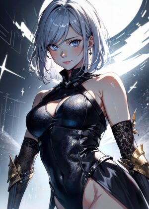 Anime Girl with Silver Hair and Dark Outfit - Premium Wooden Framed Poster. Ready to Hang.
