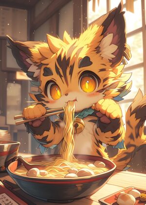 Adorable Tiger Enjoying a Delicious Bowl of Ramen - Premium Wooden Framed Poster. Ready to Hang.