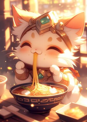 Adorable White Cat Enjoying Ramen: A Delightful Anime-Style Artwork - Premium Wooden Framed Poster. Ready to Hang.