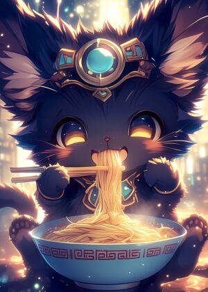 Cleopatra Cat Ramen: Anime Art Print - Premium Wooden Framed Poster. Ready to Hang.