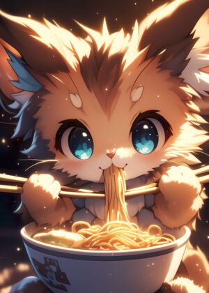 Adorable Anime Kitten Enjoying Ramen - Premium Wooden Framed Poster. Ready to Hang.
