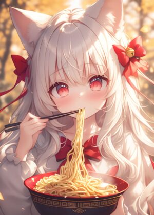 Adorable Anime Girl Enjoying Ramen - Premium Wooden Framed Poster. Ready to Hang.