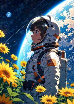 A Journey Beyond Earth: Anime Astronaut and Sunflowers - Premium Wooden Framed Poster. Ready to Hang.