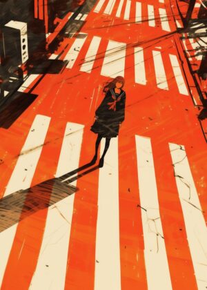 Urban Solitude: A Striking Artwork of a Girl on a Crosswalk - Premium Wooden Framed Poster. Ready to Hang.