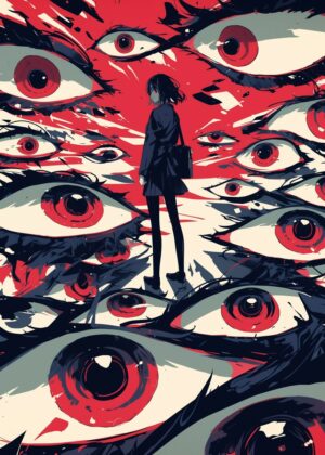 Surreal Anime Girl Amidst a Sea of Eyes: Abnormal Core Art Print - Premium Wooden Framed Poster. Ready to Hang.
