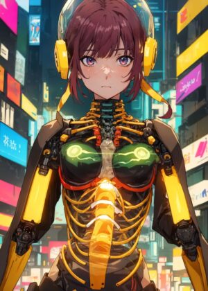 Anime Cybernetic Girl: Neon City Dreams - Premium Wooden Framed Poster. Ready to Hang.
