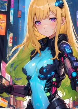 Anime Cybernetic Girl: Neon City Dreams - Premium Wooden Framed Poster. Ready to Hang.