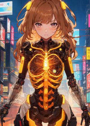 Anime Cybernetic Girl: Futuristic Cyberpunk Art Print - Premium Wooden Framed Poster. Ready to Hang.