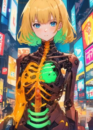 Anime Cybernetic Girl: Neon City Dreams - Premium Wooden Framed Poster. Ready to Hang.