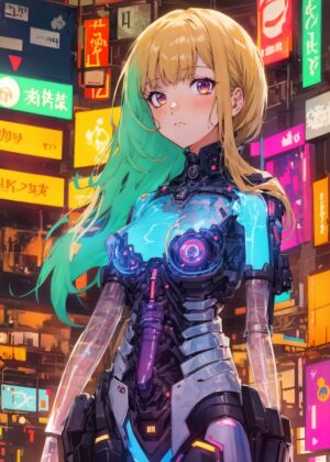 Anime Cybernetic Girl: Neon City Dreams - Premium Wooden Framed Poster. Ready to Hang.