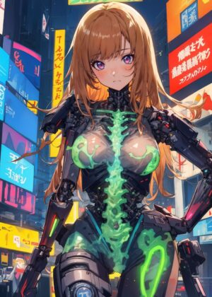 Anime Cybernetic Girl: Neon Cityscape Artwork - Premium Wooden Framed Poster. Ready to Hang.