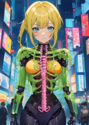 Anime Cybernetic Girl in Neon Cityscape - Premium Wooden Framed Poster. Ready to Hang.