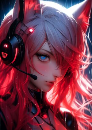 Neon Pulse: Anime Girl in the Rain - Premium Wooden Framed Poster. Ready to Hang.