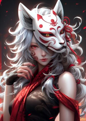 Enigmatic Fox Spirit Samurai Art Print - Premium Wooden Framed Poster. Ready to Hang.