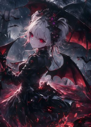 Dark Fantasy Anime Girl with Dragon Wings - Premium Wooden Framed Poster. Ready to Hang.