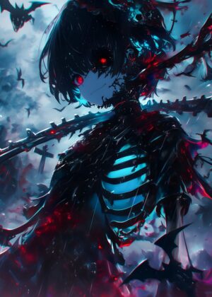Gothic Skeleton Batgirl: Dark Fantasy Anime Art Print - Premium Wooden Framed Poster. Ready to Hang.