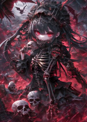 Gothic Skeleton Devil Girl: Dark Fantasy Art Print - Premium Wooden Framed Poster. Ready to Hang.