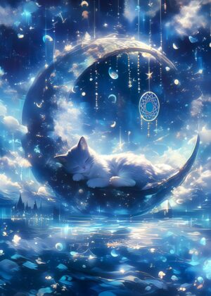 Cute Cat Dreamcatcher: A Whimsical Fantasy Art Print - Premium Wooden Framed Poster. Ready to Hang.