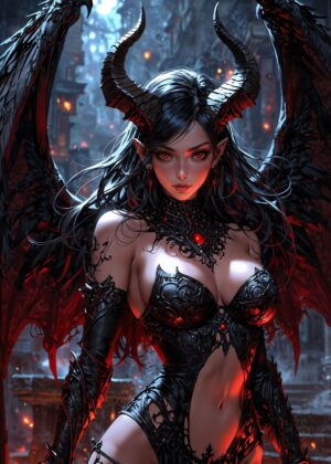 Dark Demon Anime Girl: Fierce Beauty and Intrigue - Premium Wooden Framed Poster. Ready to Hang.