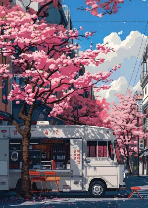 Serene Sakura Street: A Japanese Springtime Scene - Premium Wooden Framed Poster. Ready to Hang.