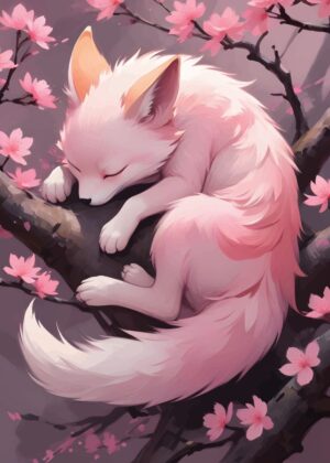 Kitsune Dream: Pink Fox in Cherry Blossom - Premium Wooden Framed Poster. Ready to Hang.