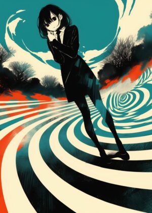 Surreal Anime Girl in Hypnotic Spiral - Premium Wooden Framed Poster. Ready to Hang.
