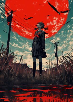 Crimson Moon: A Girl's Silent Gaze - Premium Wooden Framed Poster. Ready to Hang.