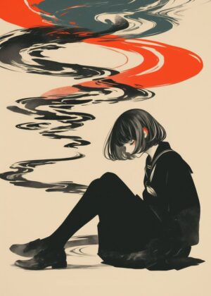 Melancholy Reflections: An Anime-Inspired Artwork - Premium Wooden Framed Poster. Ready to Hang.
