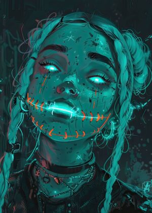 Demonic Anime Girl: Cyberpunk Art Print - Premium Wooden Framed Poster. Ready to Hang.