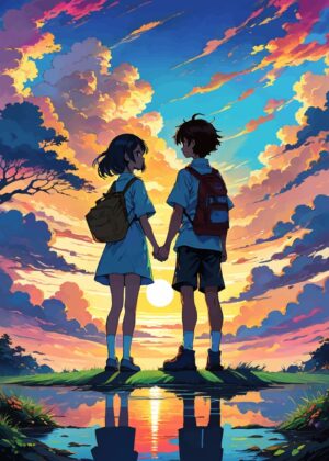 Romantic Sunset: A Pair's Silhouette at Golden Hour - Premium Wooden Framed Poster. Ready to Hang.
