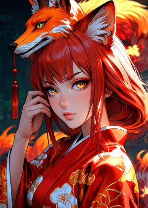 Enchanted Fox Spirit: Anime Art Print - Premium Wooden Framed Poster. Ready to Hang.