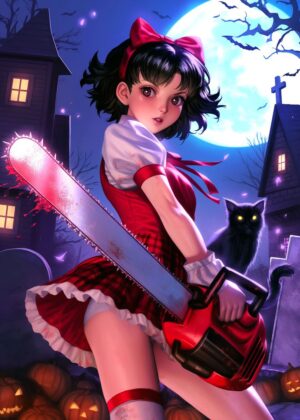 Goth Girl Chainsaw Halloween Art Print - Premium Wooden Framed Poster. Ready to Hang.