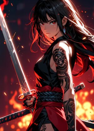 Fiery Anime Girl with Katana: Manga-Style Urban Art - Premium Wooden Framed Poster. Ready to Hang.