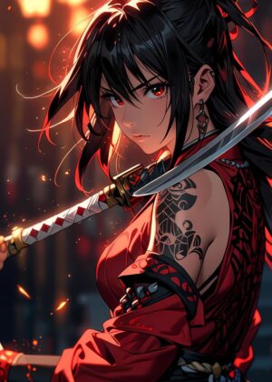 Manga Ninja Girl Urban Art Print - Premium Wooden Framed Poster. Ready to Hang.