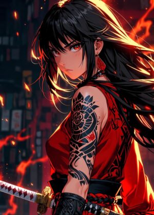 Manga Ninja Girl Urban Art Print - Premium Wooden Framed Poster. Ready to Hang.