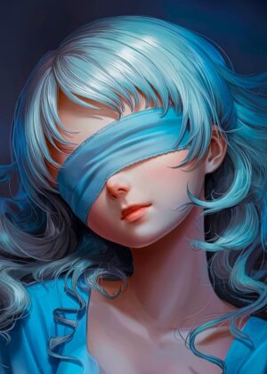 Mysterious Blue-Haired Girl Digital Art Print - Premium Wooden Framed Poster. Ready to Hang.