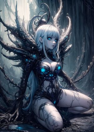 Earth and Ice Anime Queen: Digital Fantasy Art Print - Premium Wooden Framed Poster. Ready to Hang.