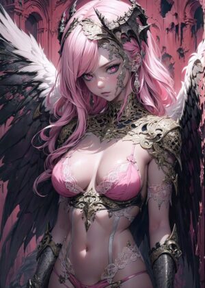 Enigmatic Pink-Haired Angel: Digital Fantasy Art Print - Premium Wooden Framed Poster. Ready to Hang.