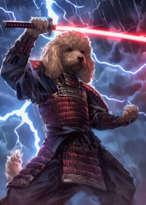 Poodle Lightning Samurai: Digital Art Print - Premium Wooden Framed Poster. Ready to Hang.