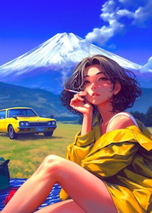 Relaxing Summer Vibes: Anime Girl by Mount Fuji - Premium Wooden Framed Poster. Ready to Hang.
