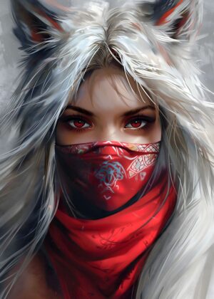Fierce Foxgirl: Anime Girl Digital Art Print - Premium Wooden Framed Poster. Ready to Hang.