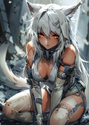 Fierce Foxgirl Anime: Striking Digital Art Print - Premium Wooden Framed Poster. Ready to Hang.