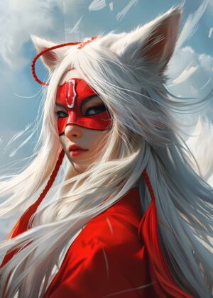 White-Haired Fox Girl in Red Mask: Anime Art Print - Premium Wooden Framed Poster. Ready to Hang.