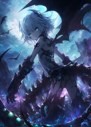 Blue Demon Wings Anime Art Print - Premium Wooden Framed Poster. Ready to Hang.