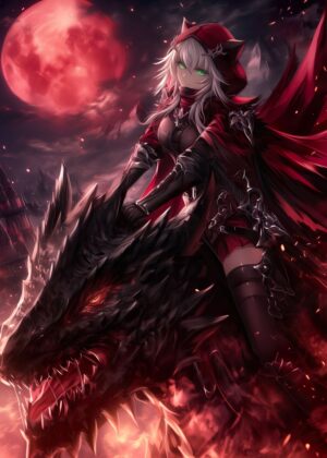 Fiery Dragon Rider Anime Girl Art Print - Premium Wooden Framed Poster. Ready to Hang.
