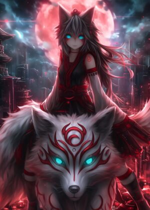 Kitsune Anime Bloodmoon: Mystical Fox Spirit Artwork - Premium Wooden Framed Poster. Ready to Hang.