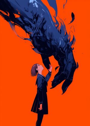 Girl and Shadow Creature: An Enigmatic Artwork - Premium Wooden Framed Poster. Ready to Hang.