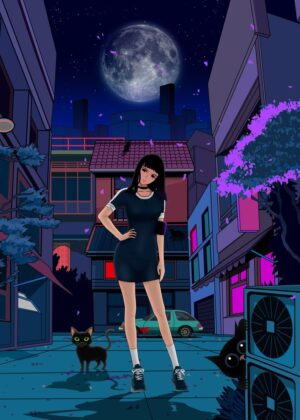 Anime Girl and Cats in Night City - Premium Wooden Framed Poster. Ready to Hang.