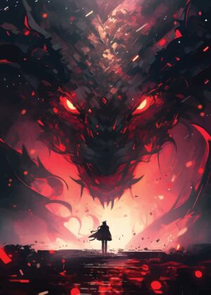 Anime Samurai Facing Fiery Dragon - Premium Wooden Framed Poster. Ready to Hang.